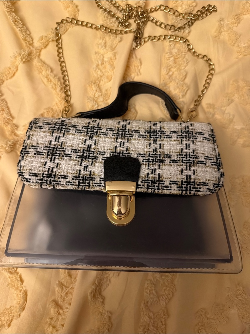 Black and White Tweed Flap Clear-Panel Shoulder Bag